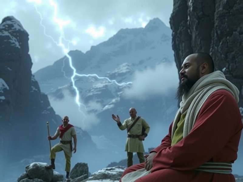 Hailstorm Hero Story Cutscene showing Guru Mausam teaching the Hero weather control in the Himalayas